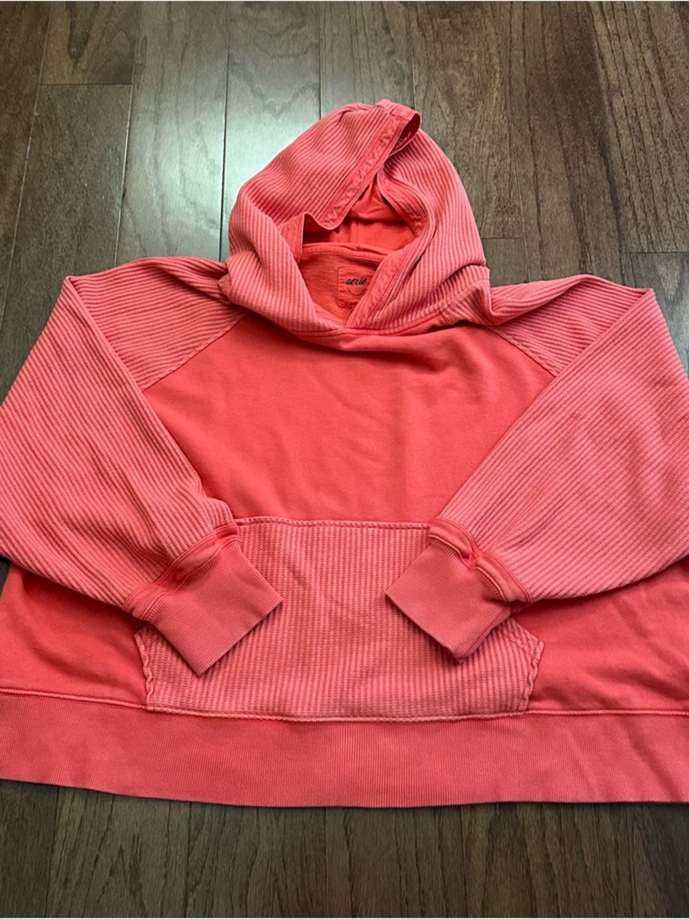 aerie Coral Ribbed-Sleeve Hooded Sweatshirt